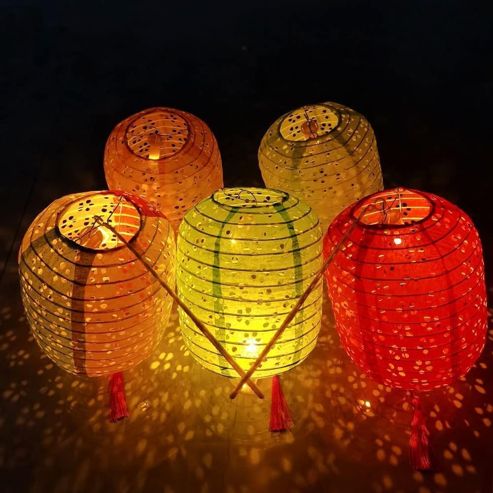 5PCS Paper Lanterns Colorful Spring Festival Lanterns 6inches with LED Lights,Hanging Lantern with Tassels Walking Sticks for Asin New Year Valentines Day Wedding Dinner Birthday Party Decor