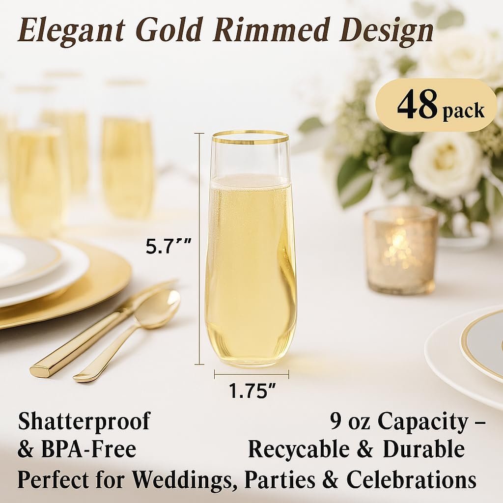 Wholesale 48-Pack 9 Oz Gold Rimmed Stemless Plastic Champagne Flutes Clear Disposable BPA-Free Recyclable Shatterproof Toasting Glasses for Weddings Parties Celebrations Supplier Wholesale 48-Pack 9 Oz Gold Rimmed Stemless Plastic Champagne Flutes Clear Disposable BPA-Free Recyclable Shatterproof Toasting Glasses for Weddings Parties Celebrations Supplier
