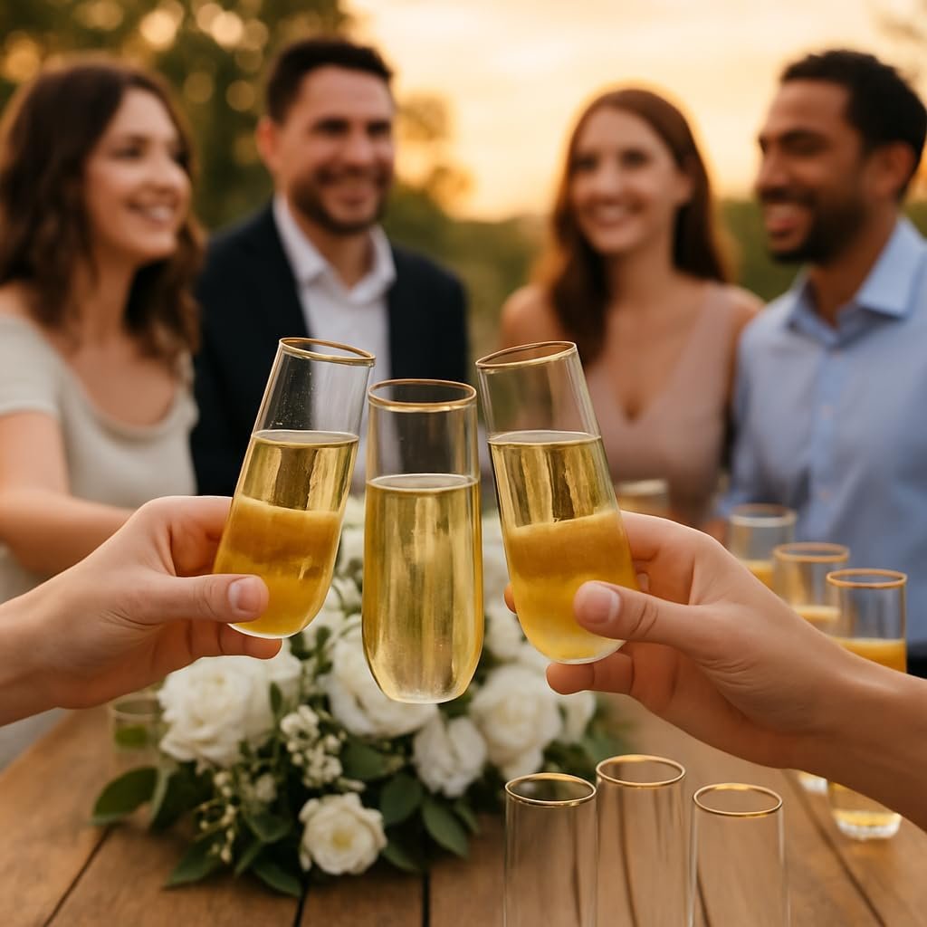 Wholesale 48-Pack 9 Oz Gold Rimmed Stemless Plastic Champagne Flutes Clear Disposable BPA-Free Recyclable Shatterproof Toasting Glasses for Weddings Parties Celebrations Supplier Wholesale 48-Pack 9 Oz Gold Rimmed Stemless Plastic Champagne Flutes Clear Disposable BPA-Free Recyclable Shatterproof Toasting Glasses for Weddings Parties Celebrations Supplier