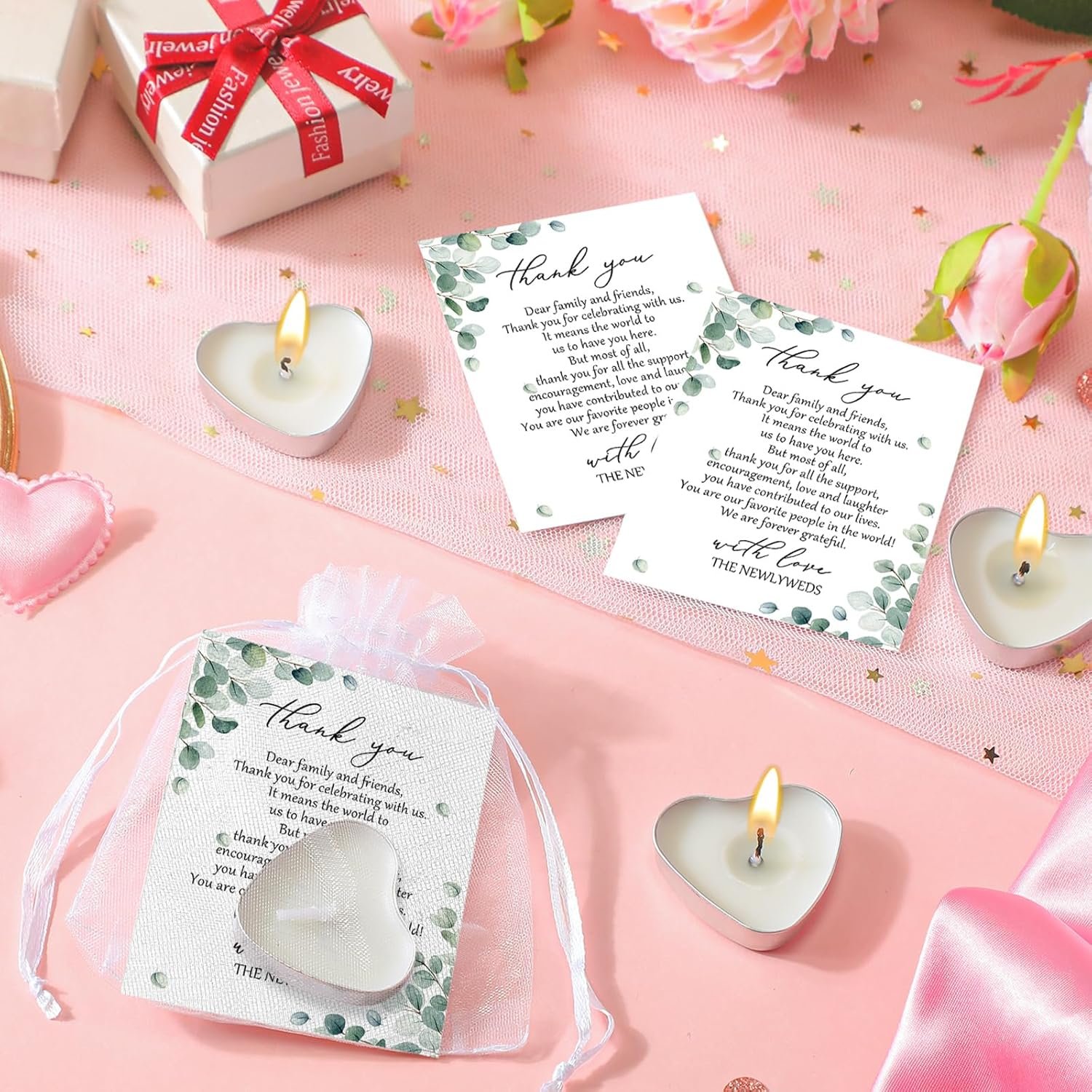 Wholesale 50 Sets Heart Shaped Mini Candles with Thank You Cards and Organza Bags Wedding Guest Favors Supplier