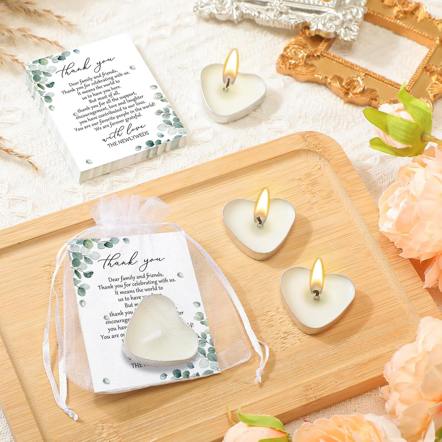 Wholesale 50 Sets Heart Shaped Mini Candles with Thank You Cards and Organza Bags Wedding Guest Favors Supplier