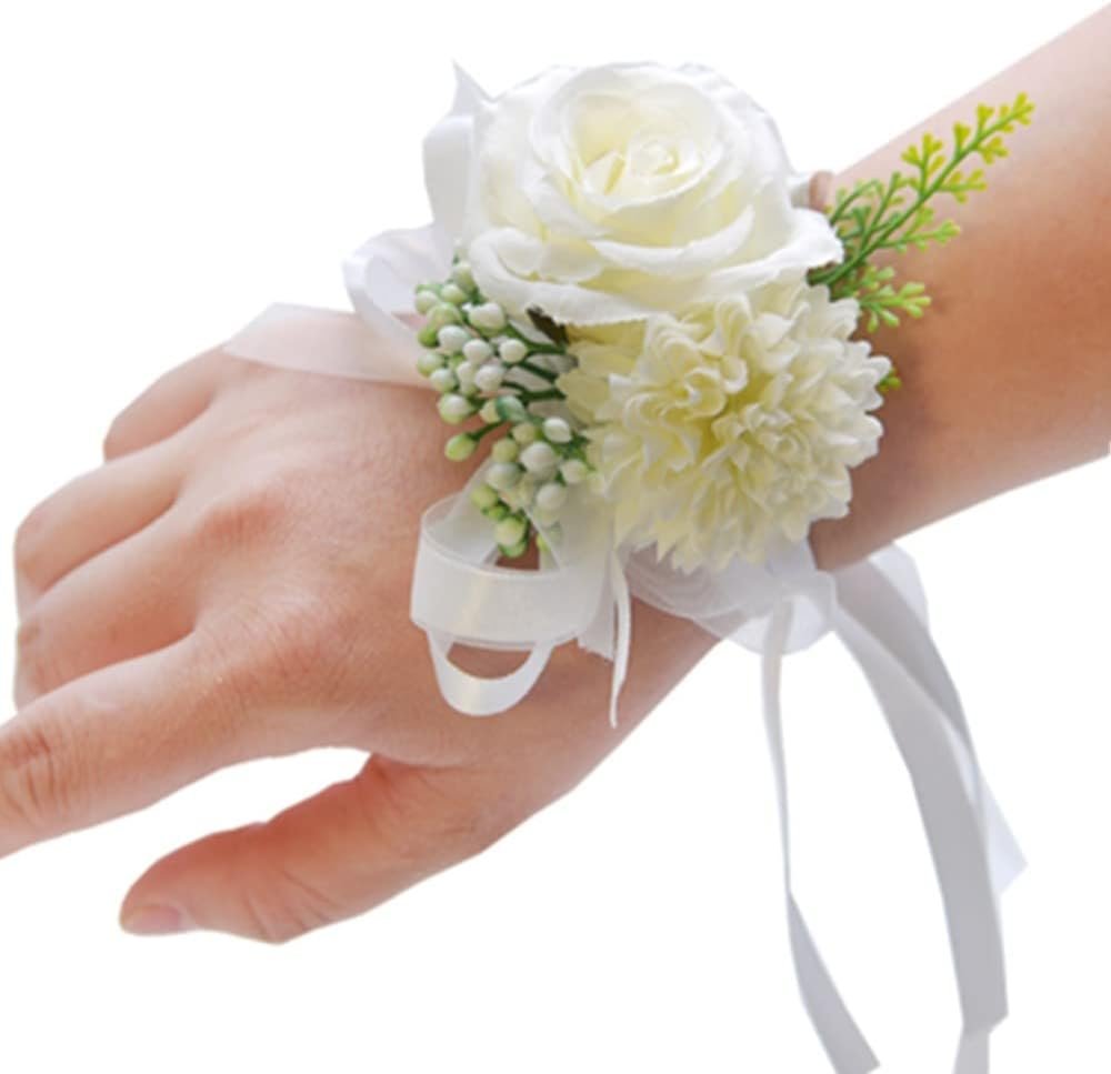 Wholesale 2PCS White Rose Flower Wrist Corsage Boutonniere Set for Men Women Bride Bridesmaid Wedding Party Prom Decorations Supplier