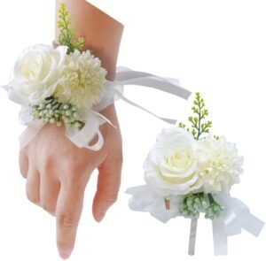 2PCS Rose Flower Wrist Corsage Boutonniere Set,Boutonniere for Men Wedding White Rose Corsage Wristlet for Women Bride Bridesmaid Wrist Corsagefor Wedding Party Prom Decorations (White)