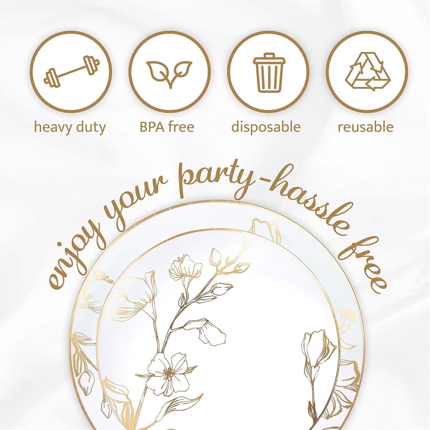 Wholesale 128 Piece Combo Plates Set 64 7-Inch Plates and 64 10-Inch Plates White Plastic Floral Design with Gold Rim Premium Elegant Tableware Supplier Wholesale 128 Piece Combo Plates Set 64 7-Inch Plates and 64 10-Inch Plates White Plastic Floral Design with Gold Rim Premium Elegant Tableware Supplier