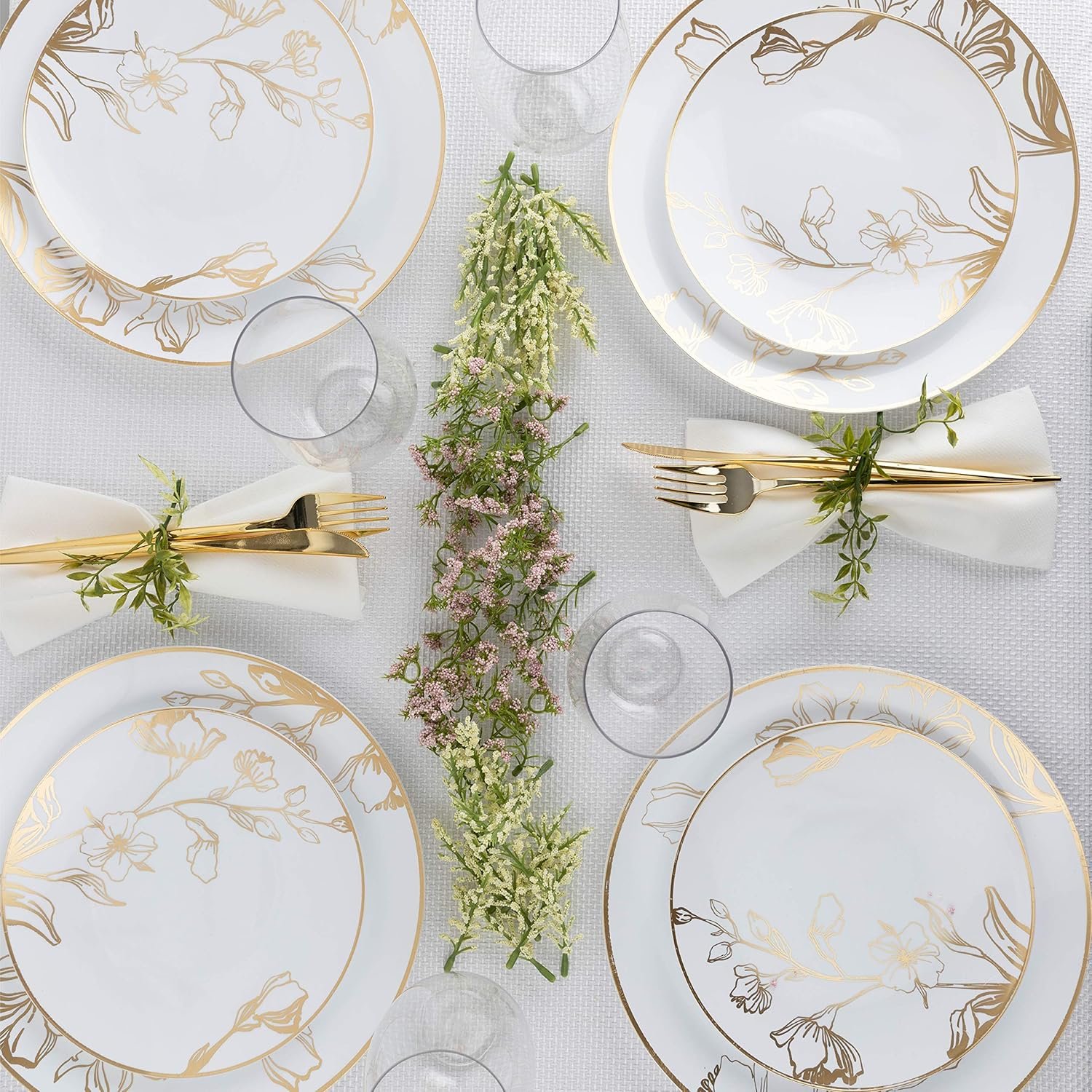 Wholesale 128 Piece Combo Plates Set 64 7-Inch Plates and 64 10-Inch Plates White Plastic Floral Design with Gold Rim Premium Elegant Tableware Supplier Wholesale 128 Piece Combo Plates Set 64 7-Inch Plates and 64 10-Inch Plates White Plastic Floral Design with Gold Rim Premium Elegant Tableware Supplier