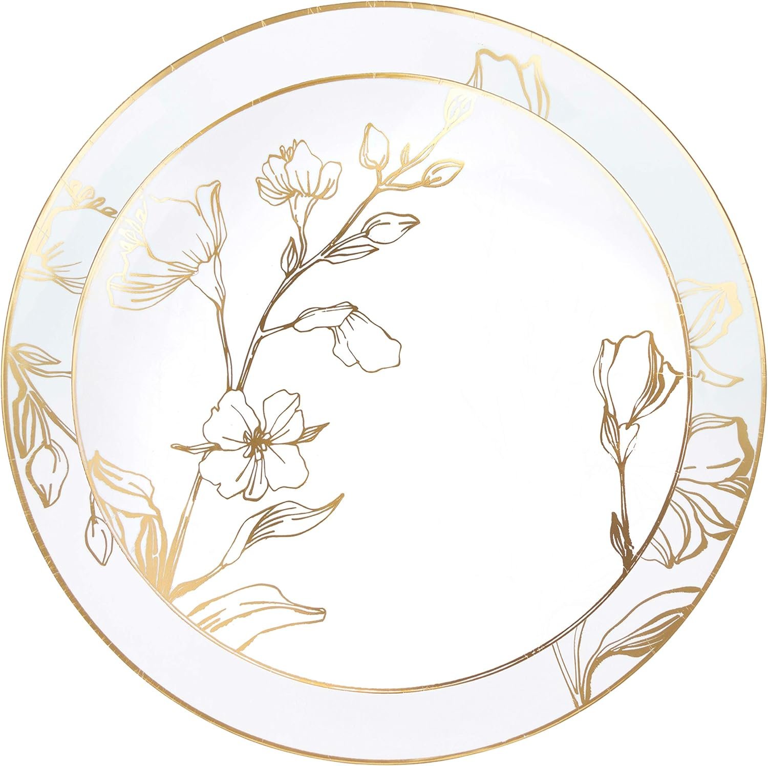 PLASTICPRO 128 Piece Combo Plates Set includes 64 7'' inch Plates & 64 10'' inch Plates White Plastic Floral Design Party Plates With Gold Rim, Premium Elegant, Tableware, Dishes,