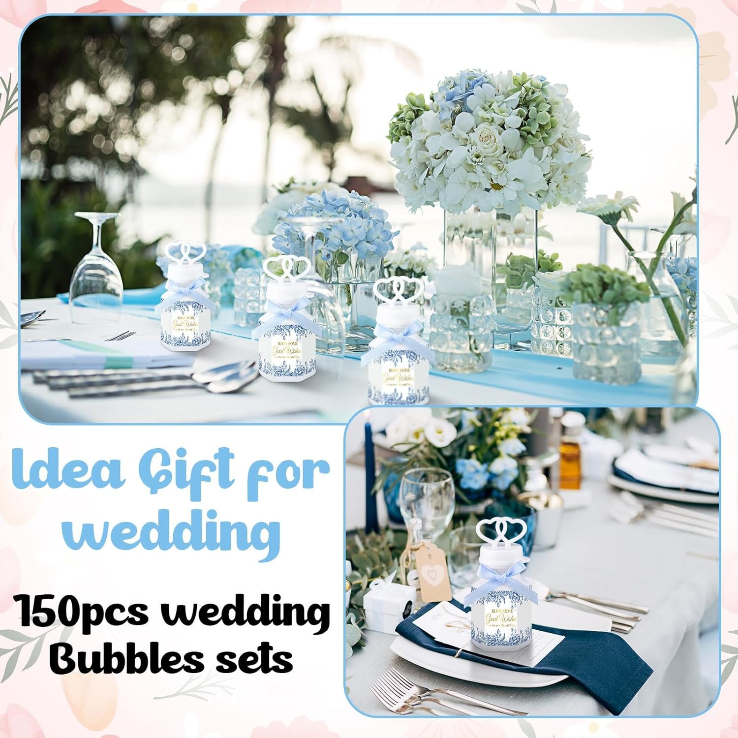 Wholesale 150 Pcs Blue Floral Wedding Party Bubbles Bulk with Bubble Solution and Mini Heart Wands for Anniversary Engagement Bridal Valentine's Day Couples Supplier Wholesale 150 Pcs Blue Floral Wedding Party Bubbles Bulk with Bubble Solution and Mini Heart Wands for Anniversary Engagement Bridal Valentine's Day Couples Supplier