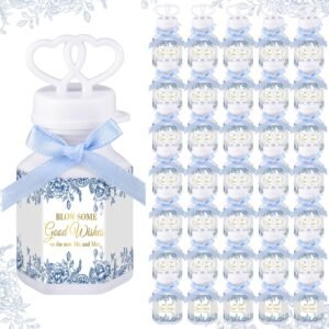 150 Pcs Blue Floral Wedding Party Bubbles Bulk with Bubble Solution Wedding Mini Bubble Gifts Mini Heart Wand for Anniversary, Engagement, Bridal, Valentine's Day, Gift for Couple
