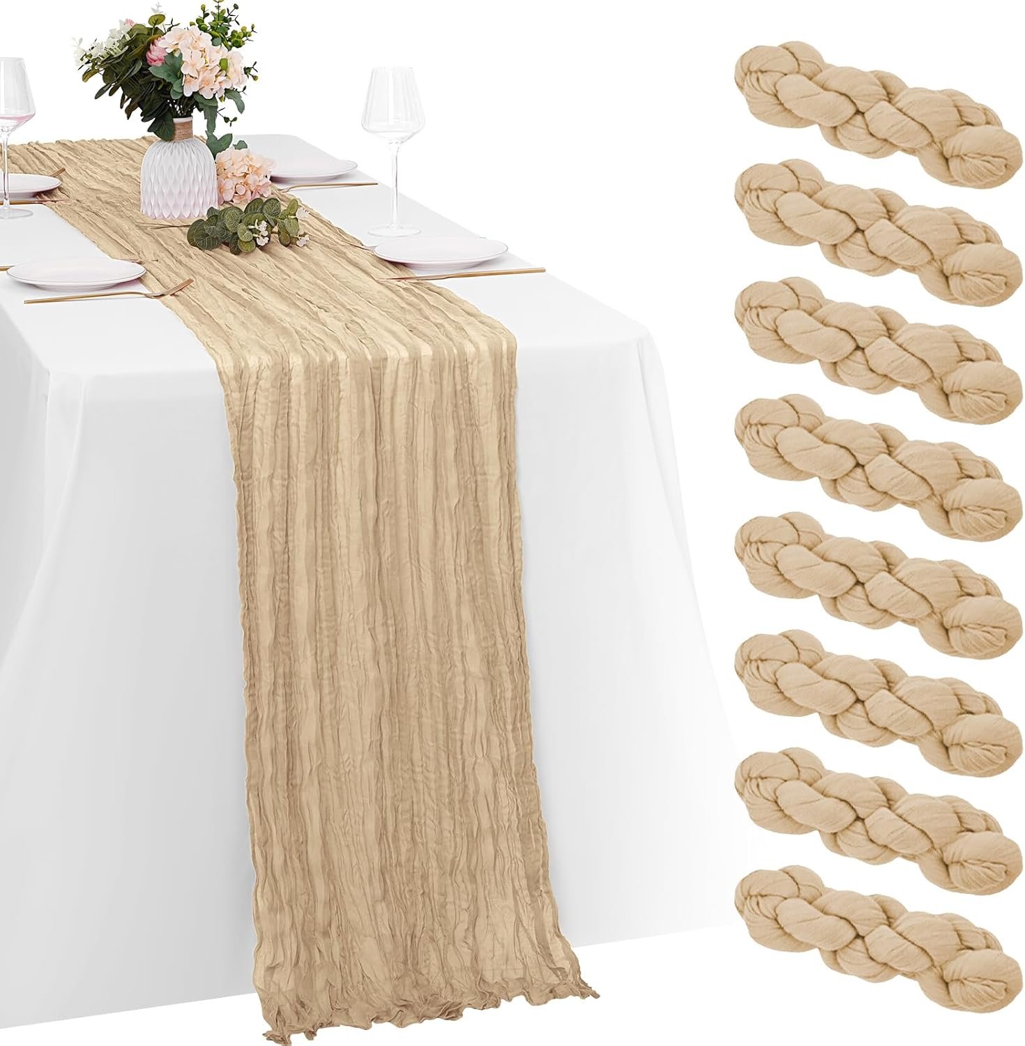 8 Pack Beige Cheesecloth Table Runners 20x120 Inch Gauze Table Runner Cheese Cloth 10FT Beige Table Runner Rustic Sheer Runner for Wedding Birthday Party Baby Shower Table Decor