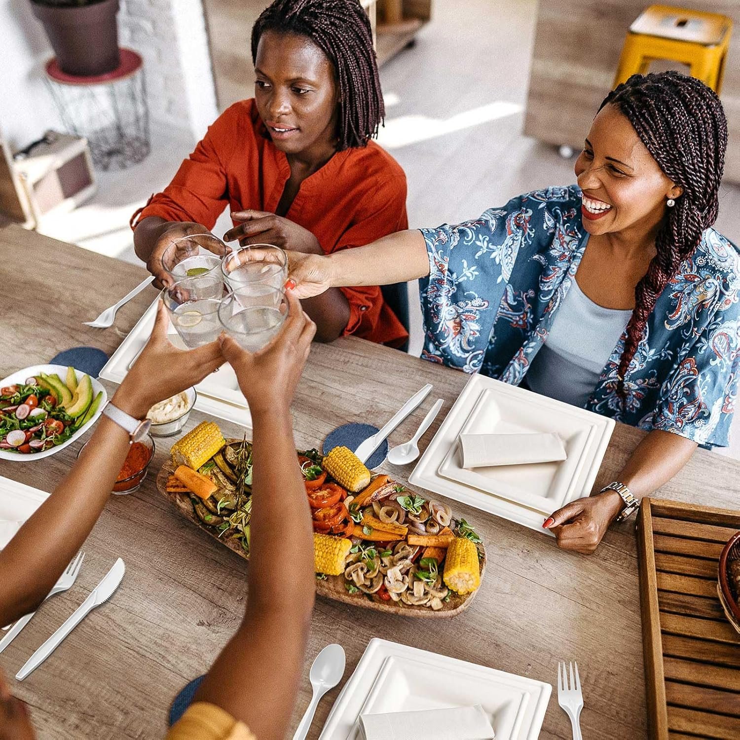 Wholesale Compostable Sugarcane Paper Plates Set 300pcs 10-Inch Disposable Eco-Friendly White Square Plates with Napkins Biodegradable Heavy-Duty Utensils for Parties Supplier