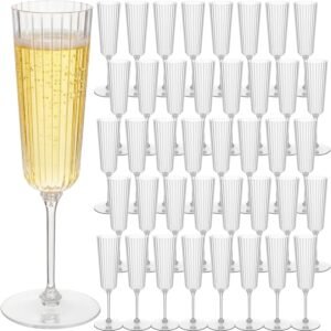 48 Pcs Plastic Ribbed Champagne Flutes With Stem, 6.4 oz Clear Vintage Disposable Champagne Glasses for Wedding Birthday Anniversary (Clear)