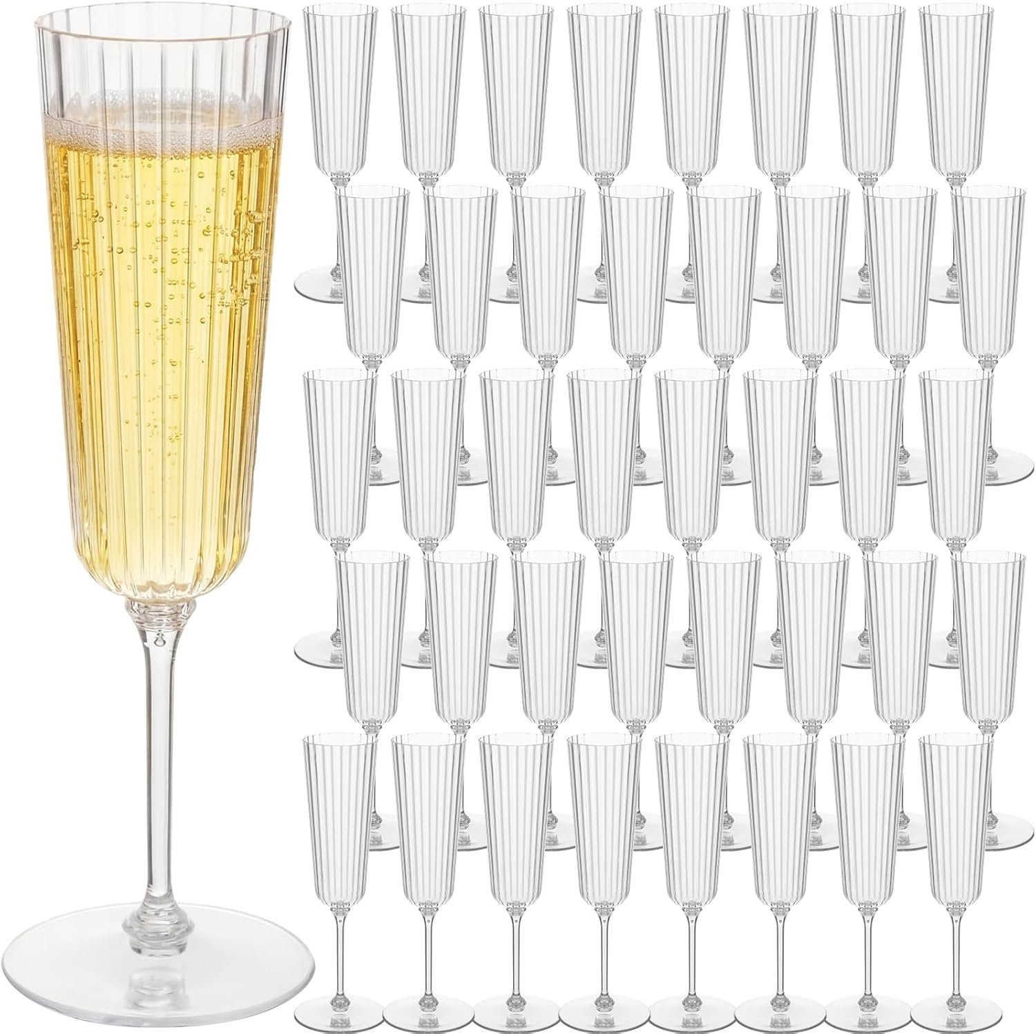 48 Pcs Plastic Ribbed Champagne Flutes With Stem, 6.4 oz Clear Vintage Disposable Champagne Glasses for Wedding Birthday Anniversary (Clear)