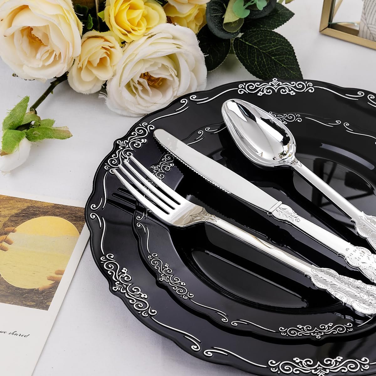 Wholesale 150 Pcs Black Silver Disposable Plastic Plates and Silver Plastic Silverware Including 30 Dinner Plates 30 Dessert Plates 30 Knives 30 Forks 30 Spoons for Parties and Weddings Supplier Wholesale 150 Pcs Black Silver Disposable Plastic Plates and Silver Plastic Silverware Including 30 Dinner Plates 30 Dessert Plates 30 Knives 30 Forks 30 Spoons for Parties and Weddings Supplier