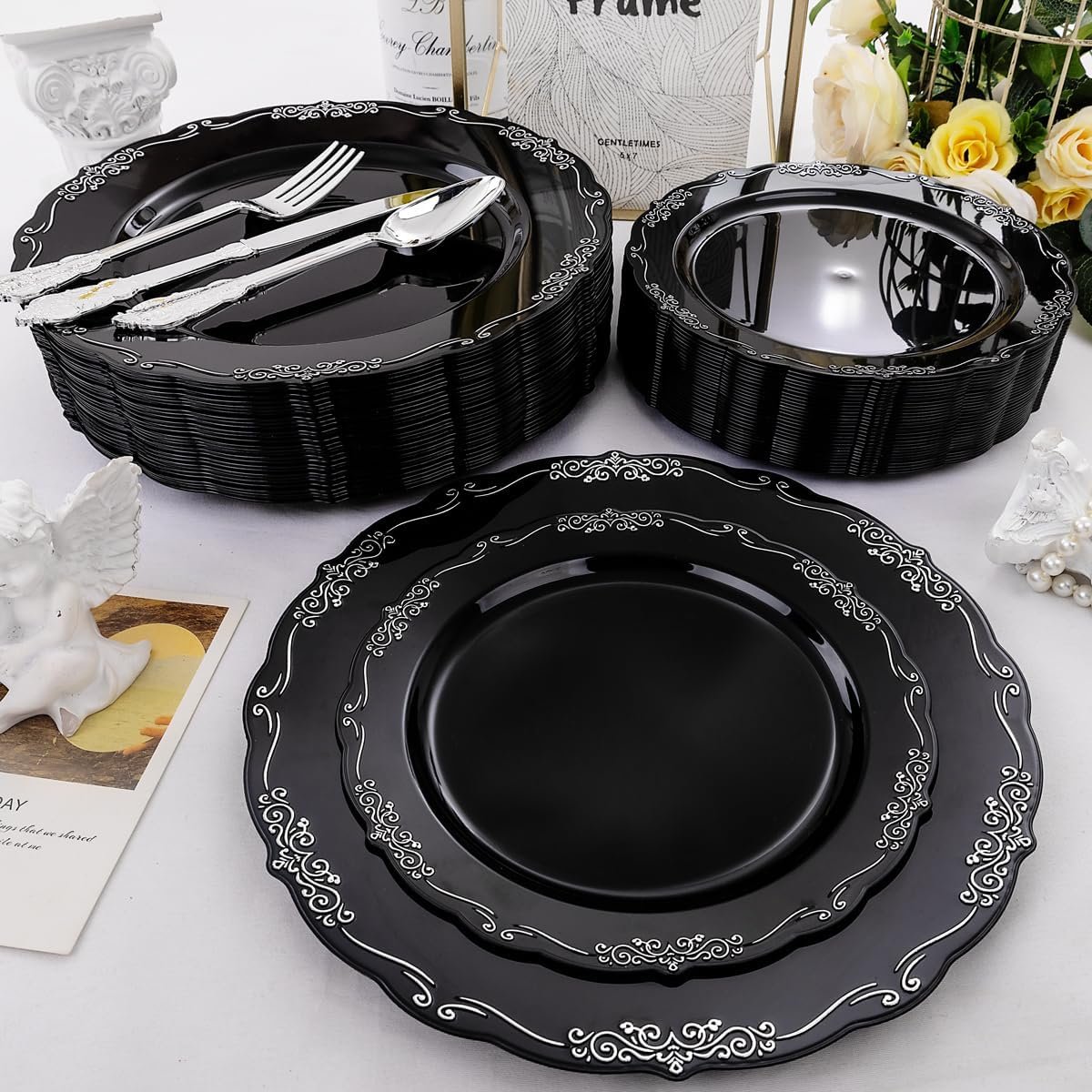 Wholesale 150 Pcs Black Silver Disposable Plastic Plates and Silver Plastic Silverware Including 30 Dinner Plates 30 Dessert Plates 30 Knives 30 Forks 30 Spoons for Parties and Weddings Supplier Wholesale 150 Pcs Black Silver Disposable Plastic Plates and Silver Plastic Silverware Including 30 Dinner Plates 30 Dessert Plates 30 Knives 30 Forks 30 Spoons for Parties and Weddings Supplier