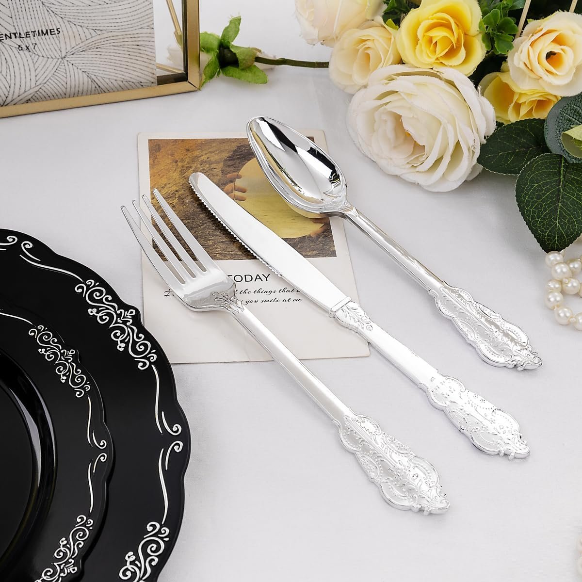 Wholesale 150 Pcs Black Silver Disposable Plastic Plates and Silver Plastic Silverware Including 30 Dinner Plates 30 Dessert Plates 30 Knives 30 Forks 30 Spoons for Parties and Weddings Supplier Wholesale 150 Pcs Black Silver Disposable Plastic Plates and Silver Plastic Silverware Including 30 Dinner Plates 30 Dessert Plates 30 Knives 30 Forks 30 Spoons for Parties and Weddings Supplier