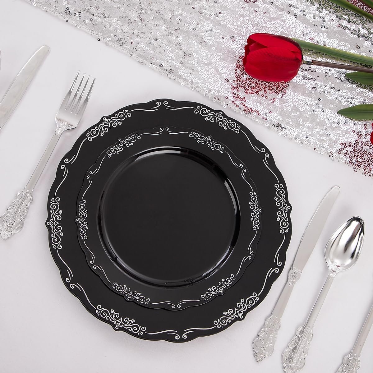 Wholesale 150 Pcs Black Silver Disposable Plastic Plates and Silver Plastic Silverware Including 30 Dinner Plates 30 Dessert Plates 30 Knives 30 Forks 30 Spoons for Parties and Weddings Supplier Wholesale 150 Pcs Black Silver Disposable Plastic Plates and Silver Plastic Silverware Including 30 Dinner Plates 30 Dessert Plates 30 Knives 30 Forks 30 Spoons for Parties and Weddings Supplier
