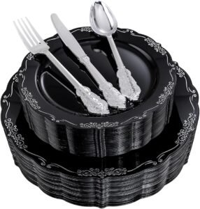 DaYammi 150 Pcs Black Silver Plastic Plates & Silver Plastic Silverware,Black silver Disposable plates for Include 30 Dinner Plate,30 Dessert Plate,30 Knives,30 Forks,30 Spoons for Party Wedding