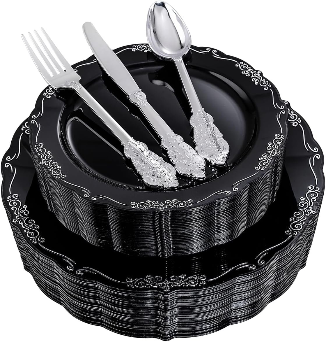 DaYammi 150 Pcs Black Silver Plastic Plates & Silver Plastic Silverware,Black silver Disposable plates for Include 30 Dinner Plate,30 Dessert Plate,30 Knives,30 Forks,30 Spoons for Party Wedding