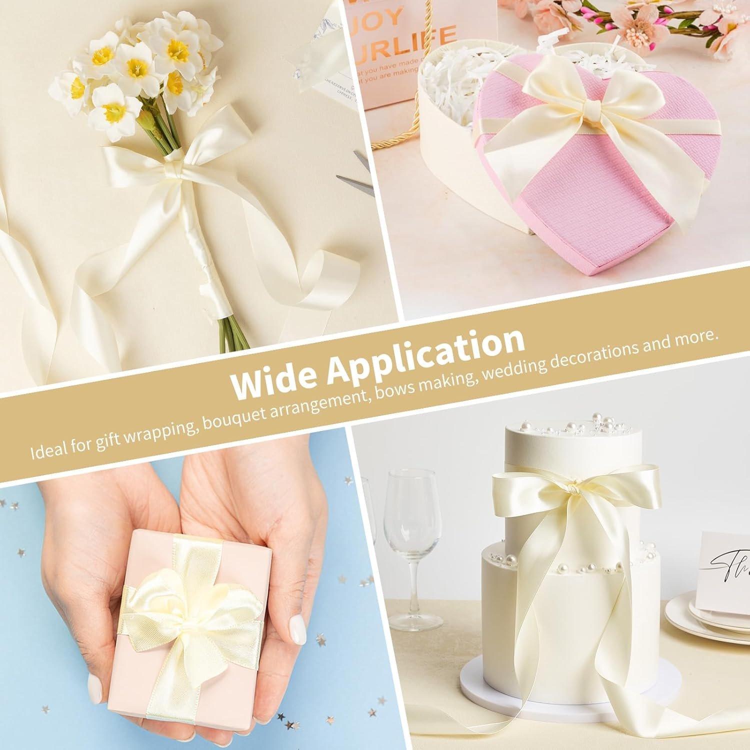 Wholesale 1-1/2 Inch Wide Ivory Satin Ribbon 50 Yards Solid Polyester Fabric for Rose Making Mother's Day Gift Wrapping Flower Bouquets Wedding Decorations Handmade Crafts Supplier