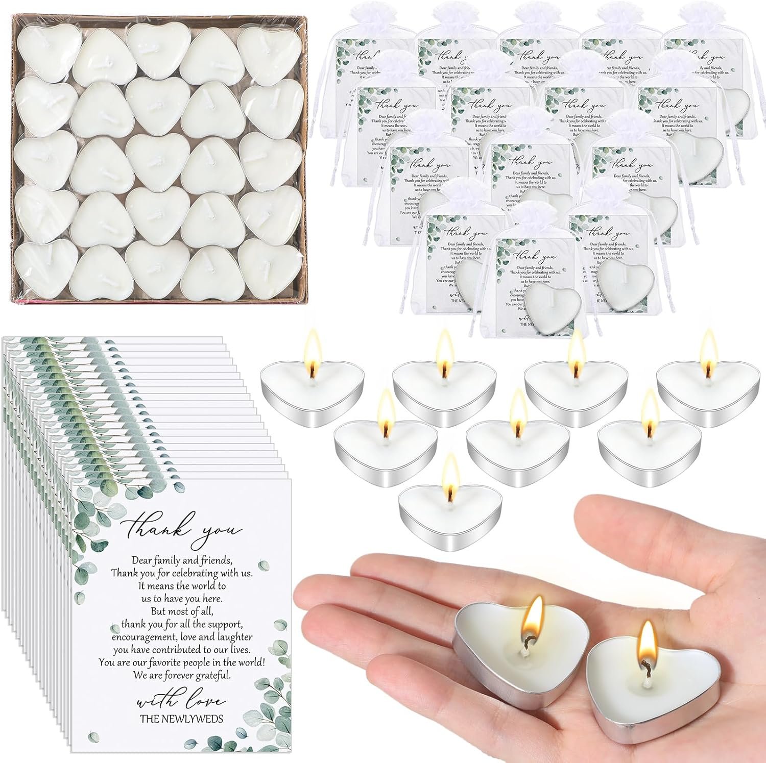 Wholesale 50 Sets Heart Shaped Mini Candles with Thank You Cards and Organza Bags Wedding Guest Favors Supplier