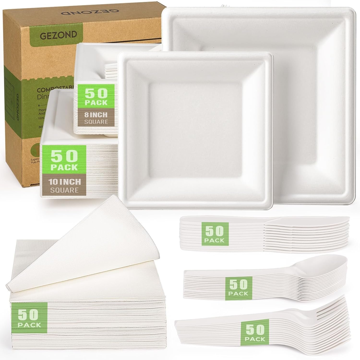 Wholesale Compostable Sugarcane Paper Plates Set 300pcs 10-Inch Disposable Eco-Friendly White Square Plates with Napkins Biodegradable Heavy-Duty Utensils for Parties Supplier